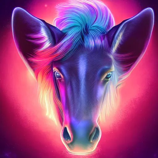 Prompt: digital horse, retrowave palette, highly detailed, anatomically correct equine, floof inside ear synth feel, smooth face, flowing mane, no reins, super realism, 4 k digital art