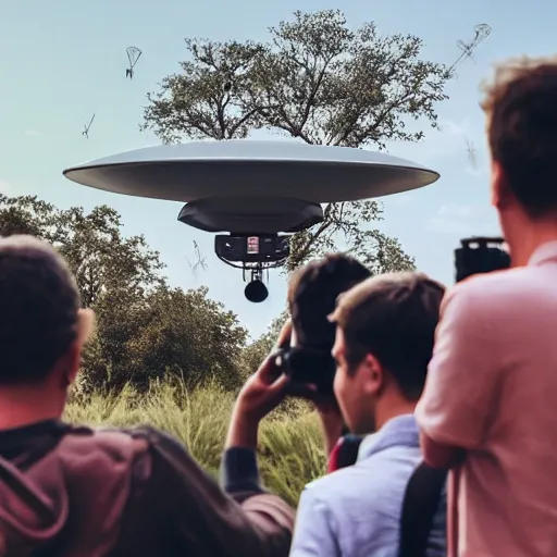 Prompt: a group of people looking at a ufo in the sky, shot on an iphone 1 3