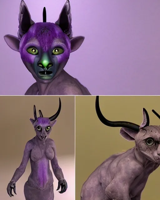 Prompt: pretty humanoid cat-like alien with horns instead of ears holding a laser rifle and the face of a hyena, futuristic, sci-fi purple fur, photorealistic CGI