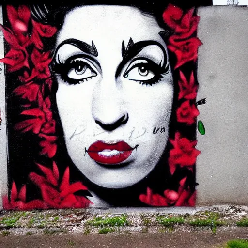 Prompt: Street-art portrait of amy winehouse in style of Banksy, photorealism