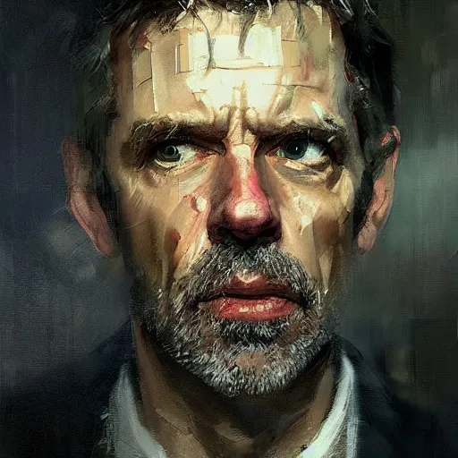 Prompt: face protrait of doctor house, realistic, ultrahd, jeremy mann painting