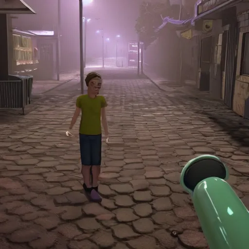 Prompt: playstation 5 screenshot of silent hill, rick and morty