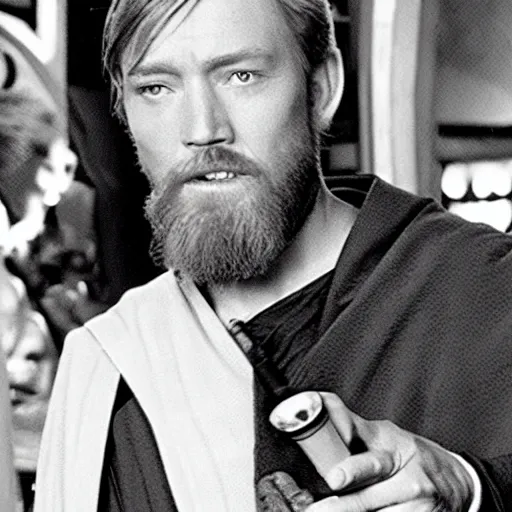 Prompt: Obi-Wan Kenobi smoking a death stick at a bar