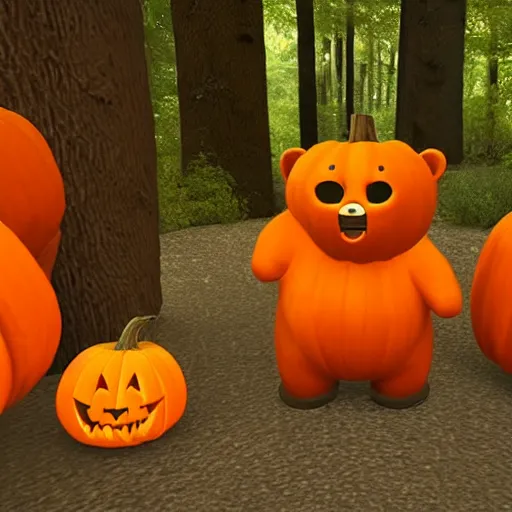 Image similar to a cute smiling bear made of pumpkins walking through the woods, unreal engine