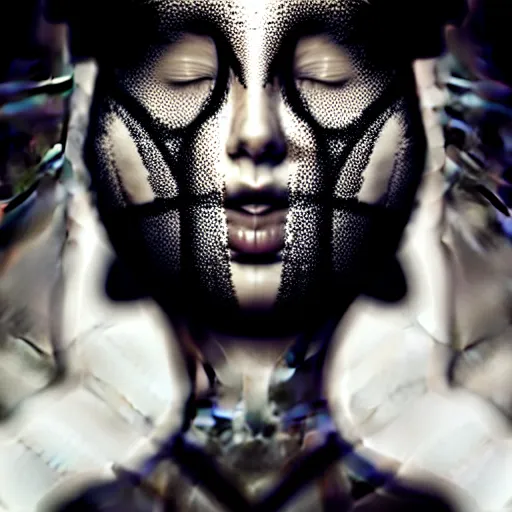 Image similar to tight portrait of a young beautiful woman with eyes closed, with a face covering mask. fractal and mandelbulb, speed painting and scribble art, octane render and portrait. behance and artstation, black and white. intricate detail, beautiful, moody, cinematic. art deco, surrealism, futurism, Unreal Engine, photorealistic.