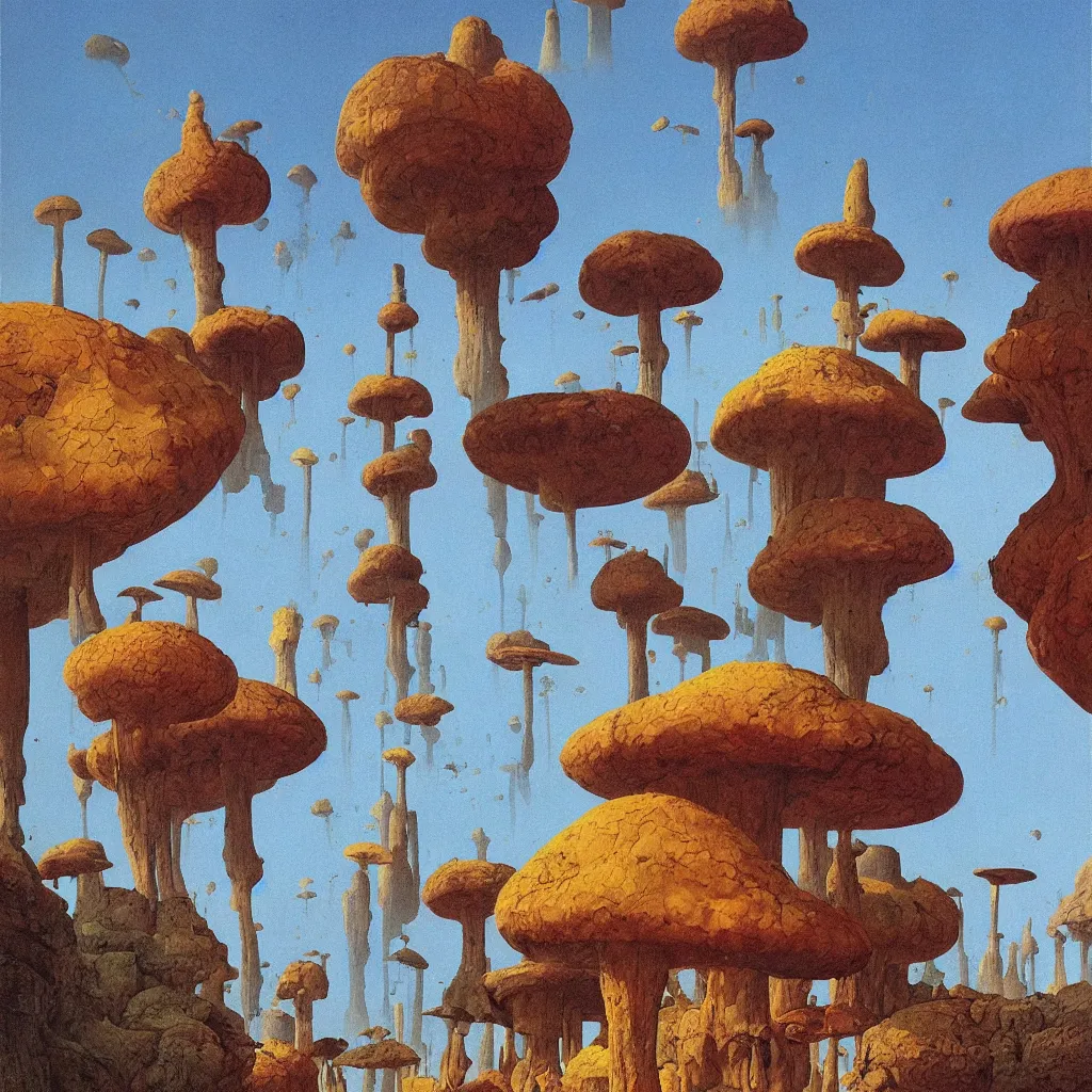 Prompt: a single! colorful!! fungus tower clear empty sky, a high contrast!! ultradetailed photorealistic painting by dean ellis, roger dean and giorgio de chirico, hard lighting, masterpiece