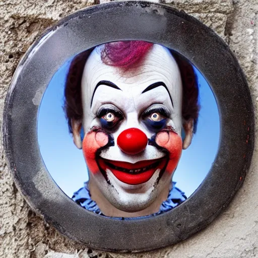 Image similar to “creepy smiling clown reflected in a broken mirror, 70mm”