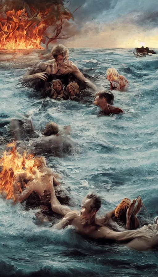 Image similar to man on boat crossing a body of water in hell with creatures in the water, sea of souls, by rob hefferan