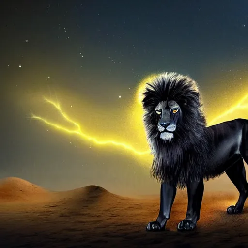 Image similar to portrait of a black lion with gold lightnings in the fur in the middle of the desert , concept art, huge scale, photorealistic, high details by Nick Nichols