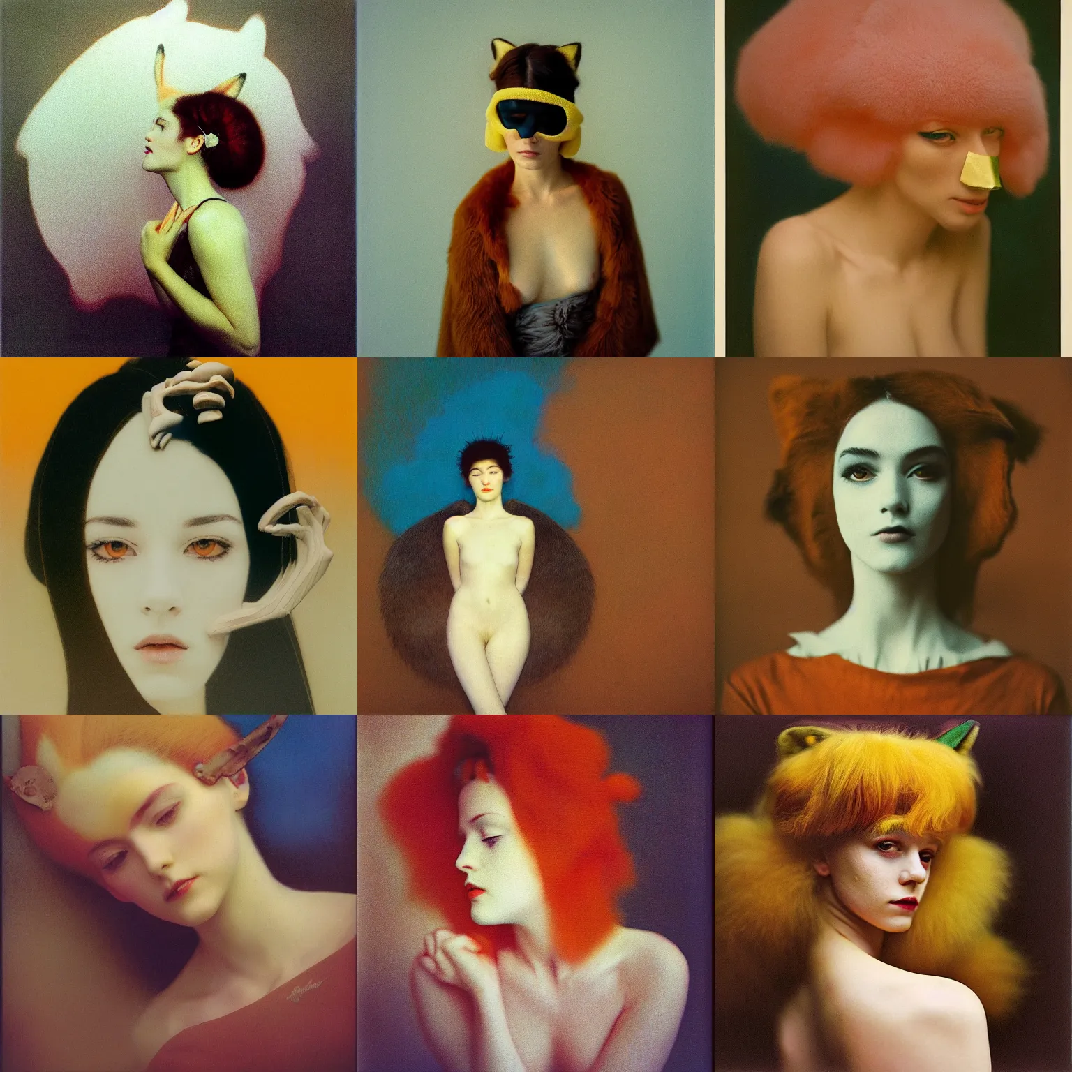 Prompt: kodak portra, 8 k, soft light, clean lines, fine art portrait photography, woman with fox face covering head, fashion photography, maxfield parrish, moebius, james jean, yoji shinkawa, odilon redon, gaston bussiere, eugene grasset, janis rozentals