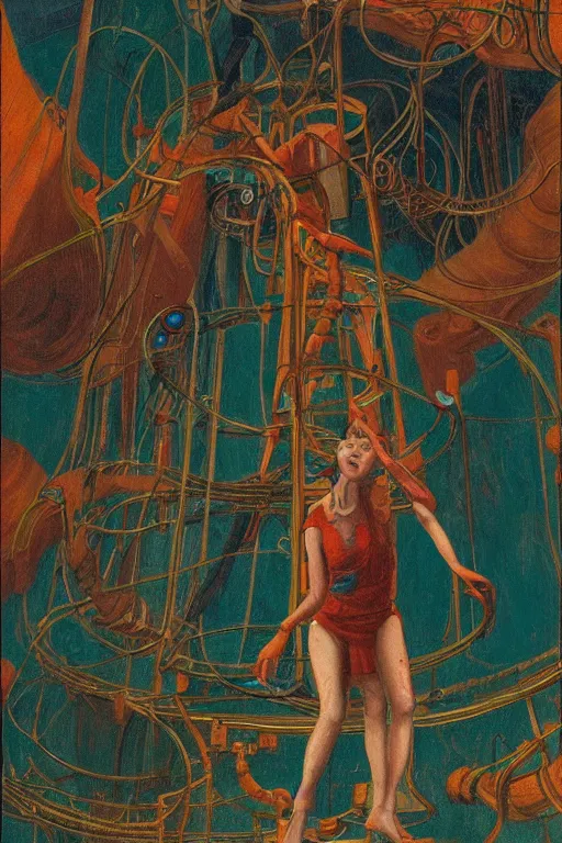 Prompt: realistic portrait of an engineer woman fixing the samsara cluster, fine portrait, concept art, stunning, in the style of brecht evens and jean delville