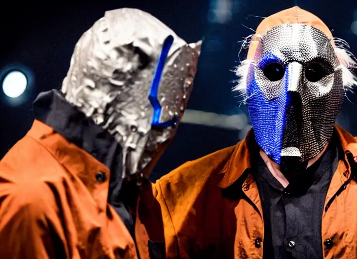 Image similar to publicity photo still of larry david wearing a slipknot mask touring with slipknot live on stage, 8 k, live concert lighting, mid shot