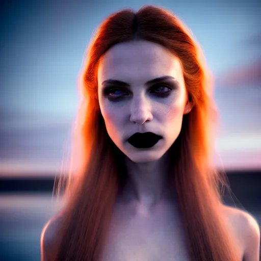 Image similar to photographic portrait of a stunningly beautiful gothic vampire female in soft dreamy light at sunset, contemporary fashion shoot, by edward robert hughes, annie leibovitz and steve mccurry, david lazar, jimmy nelsson, breathtaking, 8 k resolution, extremely detailed, beautiful, establishing shot, artistic, hyperrealistic, beautiful face, octane render