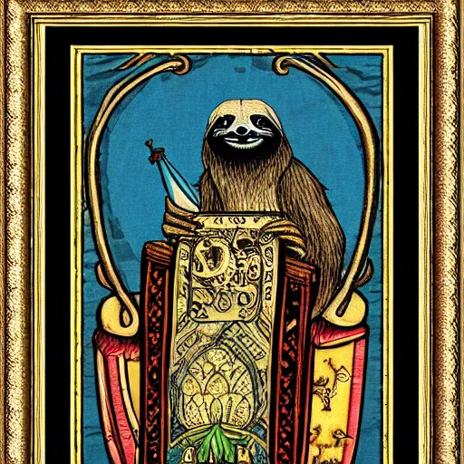 Image similar to sloth as the king of cups, framed, intricate details, medieval art style, high contrast, posterized