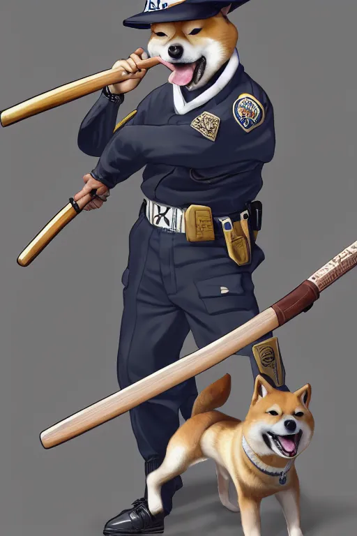 Image similar to shiba inu holding a baseball bat, wearing a police uniform, wearing a japanese traditional hat, character design, highly detailed digital art, atmosphere, cinematic lightning, hyperrealistic, focused, extreme details, 4 k, ultra detailed, trending on artstation, masterpiece