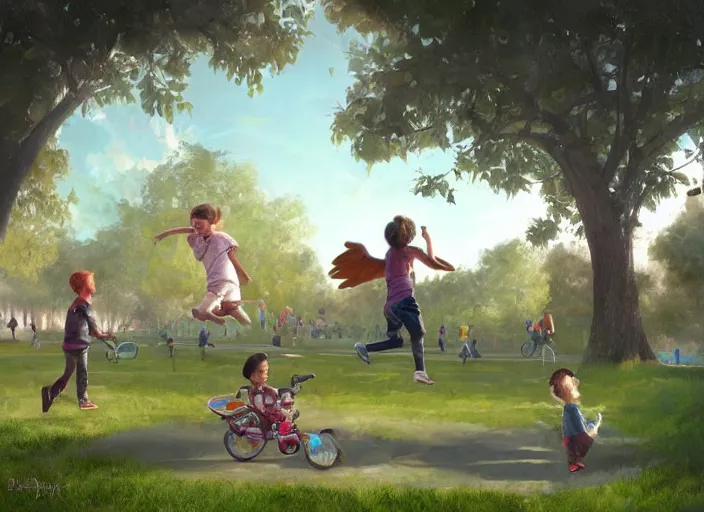 Image similar to happy children fly through a public park, by alejandro burdisio and bob bylerley and greg rutkowski