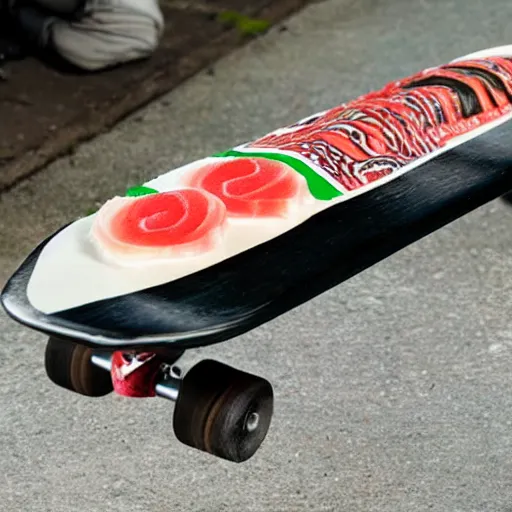 Image similar to skateboard made of sushi rolls