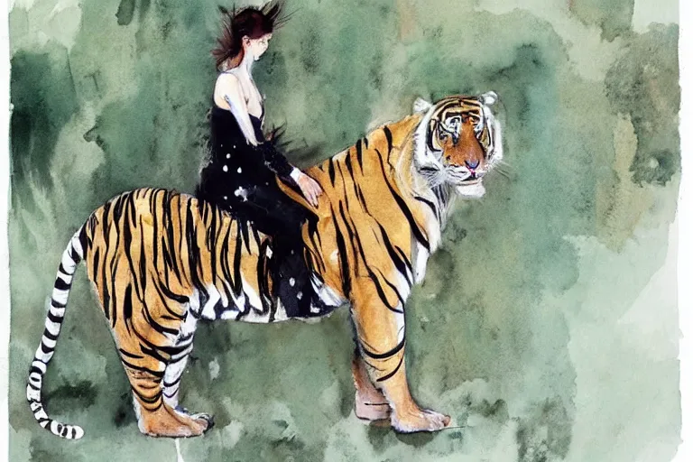 Image similar to girl riding a tiger, art, minimalistic painting, watercolor on paper, high quality, by Berthe Morisot, by Conrad Roset, trending on artstation