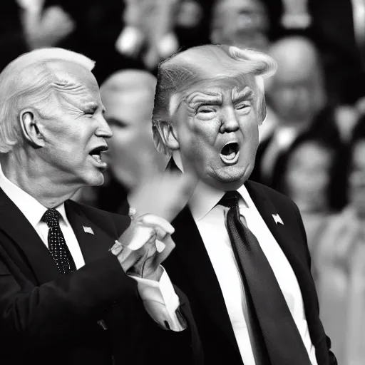 Prompt: Trump yelling at Biden, b&w photograph,