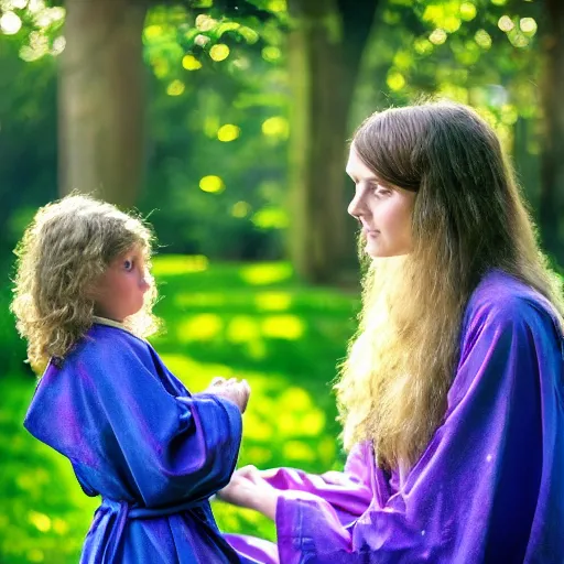 Image similar to painting of a pre - raphaelite girl and mother in robes, 5 0 mm lens, f 1. 4, sharp focus, ethereal, emotionally evoking, head in focus, volumetric lighting, blur dreamy outdoor,