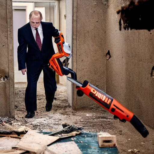 Image similar to putin with a chainsaw. in a concrete bunker with a pile of corpses. focus on putins face with blood splatters. canon eos r 3, f / 1. 4, iso 1 6 0 0, 1 / 8 0 s, 8 k, raw, grainy