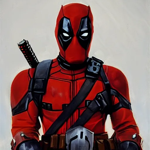 Image similar to greg manchess portrait painting of armored deadpool as overwatch character, medium shot, asymmetrical, profile picture, organic painting, sunny day, matte painting, bold shapes, hard edges, street art, trending on artstation, by huang guangjian and gil elvgren and sachin teng