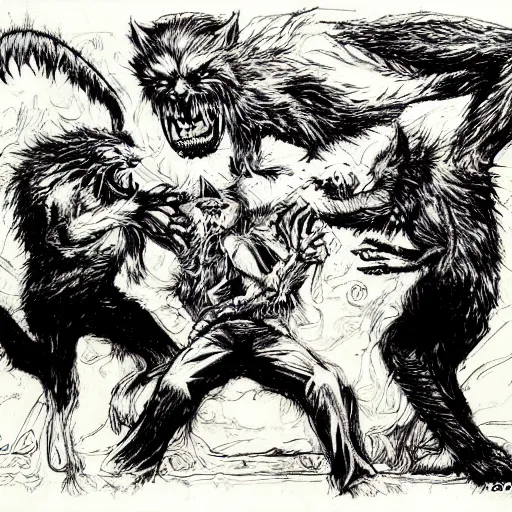 Prompt: fantasy artwork of Tom Waits and William S Burroughs fighting werewolves as drawn by Bernie Wrightson