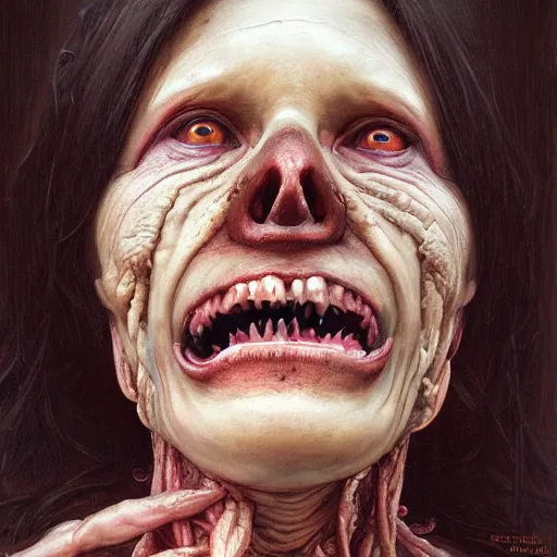 Prompt: a portrait of margarita simonyan, flesh eating worms, macabre, horror saw teeth, horror rotten teeth, peeling face skin, by donato giancola and greg rutkowski and wayne barlow and zdzisław beksinski, realistic face, visible face, digital art, artstation, symmetry