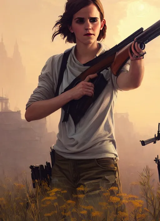 Image similar to highly detailed painting of emma watson holding a shotgun in gta v, stephen bliss, unreal engine, fantasy art by greg rutkowski, loish, rhads, ferdinand knab, makoto shinkai and lois van baarle, ilya kuvshinov, rossdraws, tom bagshaw, global illumination, radiant light, detailed and intricate environment