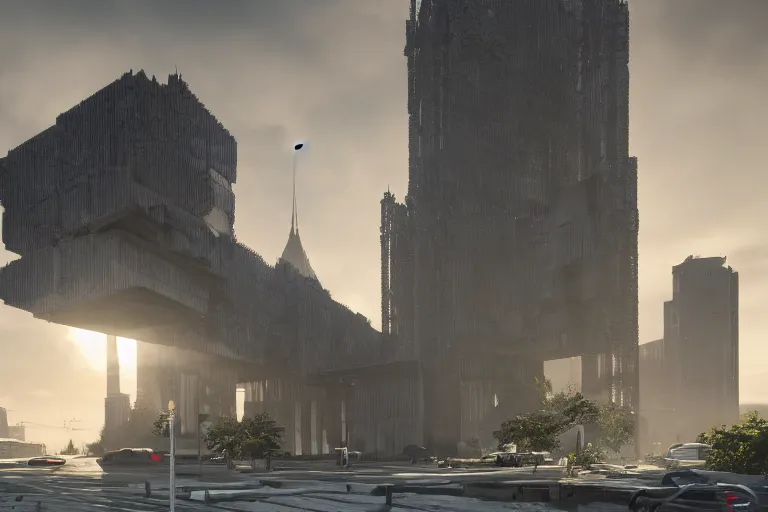 Image similar to streetscape, a towering cathedral of brutalist architecture, buildings covered with greebles, stunning volumetric light, sunset, metal, concrete and translucent material, stunning skies, majestic landscape, trending on Artstation, 8k, photorealistic, hyper detailed, unreal engine 5, IMAX quality, cinematic, epic lighting, in the style of Greg Rutkowski