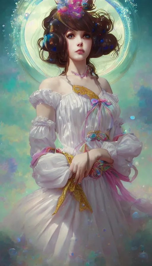 Image similar to portrait of magical lolita girl, dreamy and ethereal, (colour) eyes, peaceful expression, ornate frilly dress, fantasy, intricate, elegant, rainbow bubbles, highly detailed, digital painting, artstation, concept art, smooth, sharp focus, illustration, art by artgerm and greg rutkowski and alphonse mucha