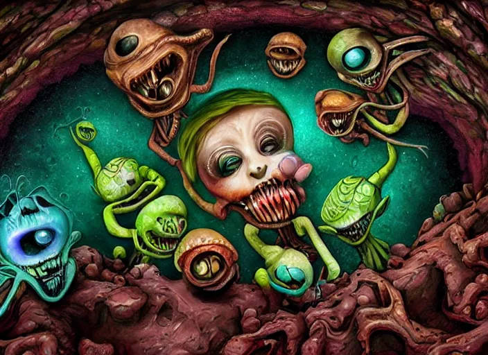 Image similar to 👽 aliens by a cave pool, lowbrow, amazing colorful background, digital art, concept art, in the style of mark ryden, 3 - d 4 k,