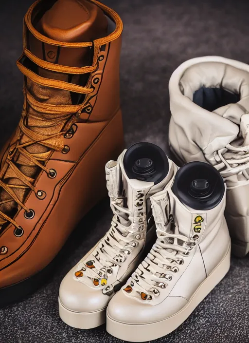 Image similar to hyperrealistic and heavy detailed product photo bape avant garde boots of movie the fifth element, in front of white back drop, whole shoe is in picture, leica sl 2 5 0 mm, vivid color, high quality, high textured, real life