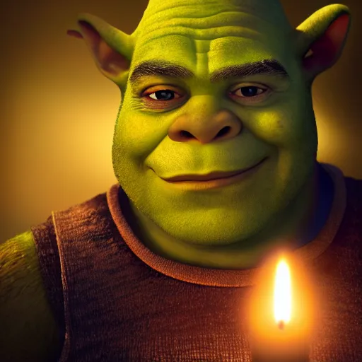 Prompt: portrait painting of shrek, candlelight, 8 k, ultra realistic, lens flare, atmosphere, glow, detailed, intricate, beautiful color, dungeons and dragons, gritty, cinematic lighting, trending on artstation, 4 k, hyperrealistic, focused, extreme details, unreal engine 5, cinematic, masterpiece