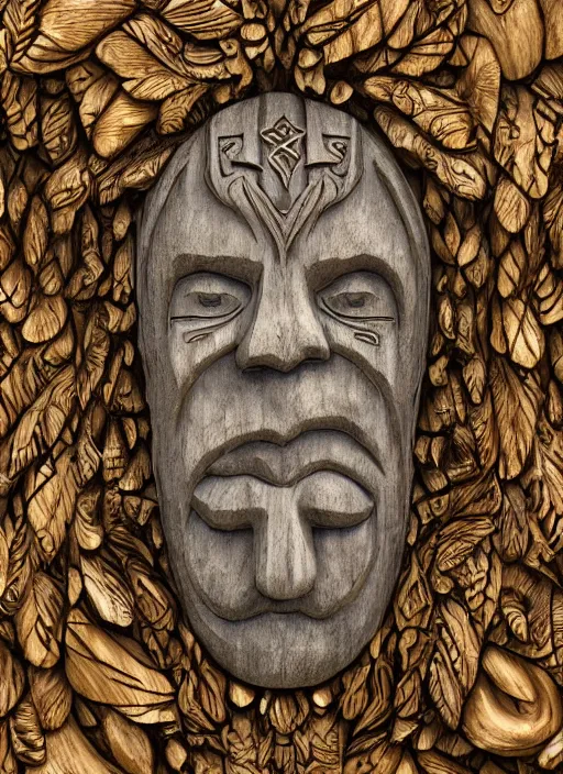 Image similar to wooden sculpture of a druid face, etched with Celtic symbols, eyes open, at a majestic forest waterfall + cascading water + fluid dynamics + particle physics, rocks, flowers, oak leaves, brown silk, glowing gold and silver embers, song of the sea inspired, Rasterized render, cgi, 3d, hyper-detailed, ultra-realistic, photo-bash, 8k post-production, masterpiece