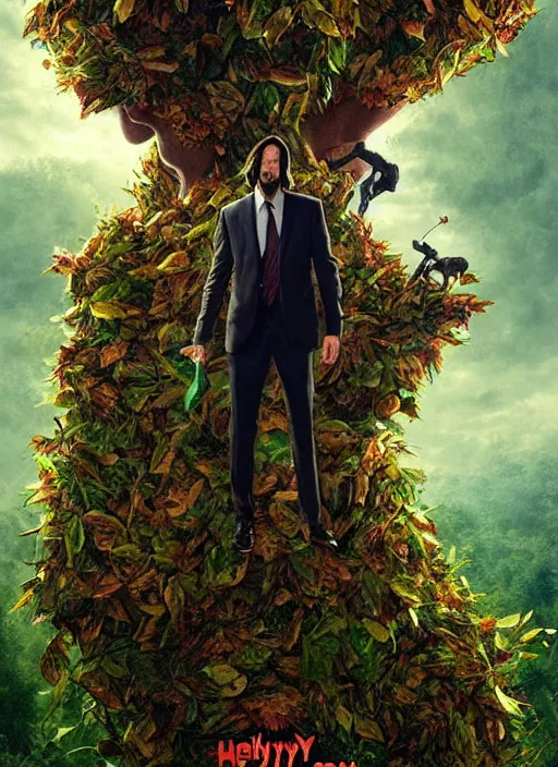 Image similar to highly detailed comedy caper movie poster with silly wacky zany keanu reeves as a sentient pile of leaves, keanu reeves green face as tree sentient leafy bush, falling through a leafy mind chasm by greg rutkowski, masterpiece, really funny, 1 0 / 1 0 comedy