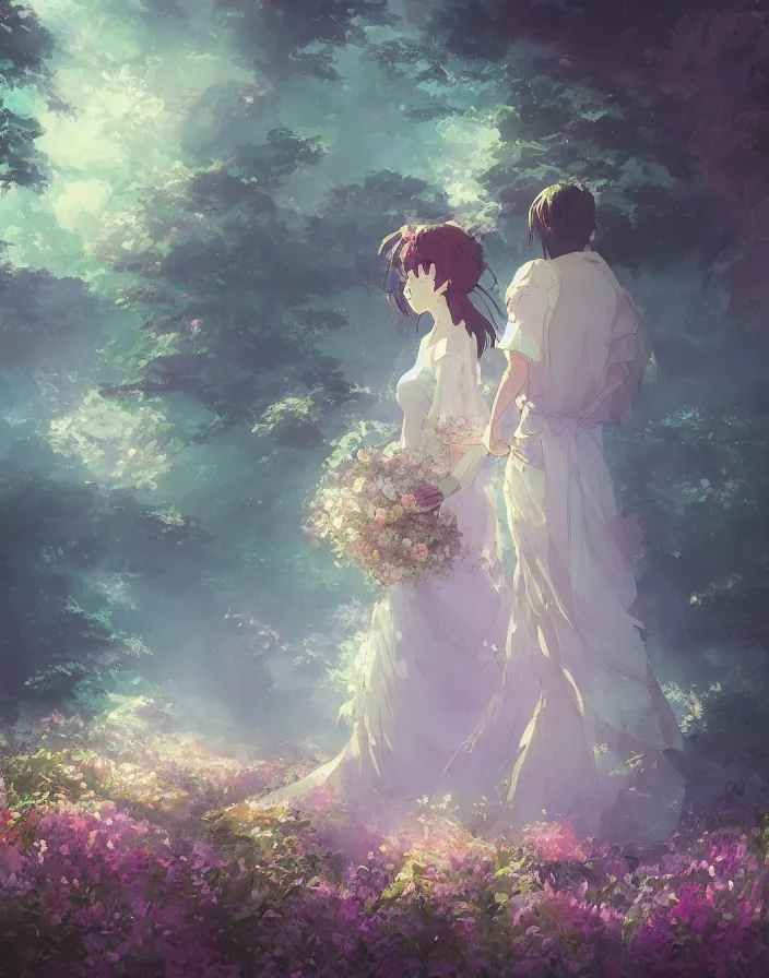 Image similar to beautiful wedding flower bouquet, environment concept art, daytime ethereal anime, high detail Impressionist style, dreamy light color palette, style of studio ghibli and moebius, concept art stunning atmosphere, trending on artstation, volumetric light