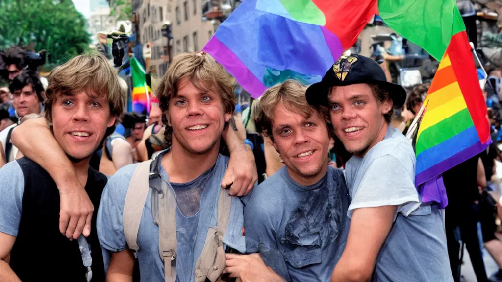 Prompt: rotj luke skywalker and the mandalorian go to pride, getty images, victorious, flags, parade, gay rights, bright smiles, daylight, twenty three year old luke skywalker and din djarin at gay pride, 3 5 mm photography, young mark hamill and pedro pascal, very happy, smiling