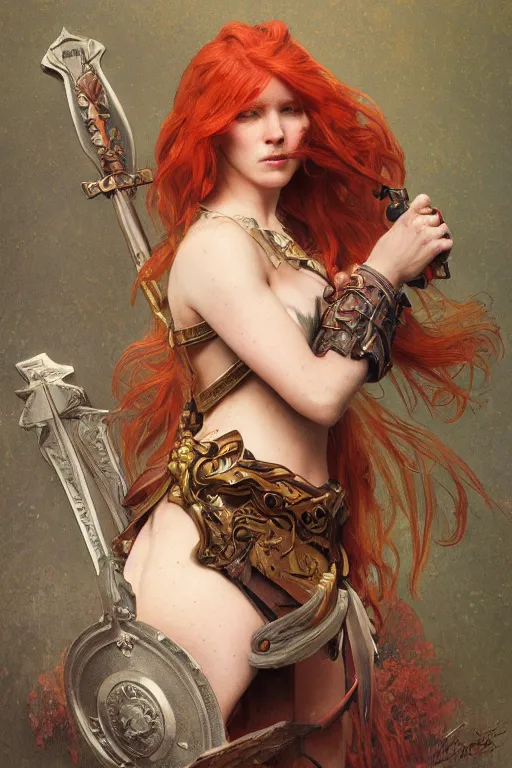 Image similar to face matte portrait of a red haired valkyry in a heroic pose and wearing thick bronze plate armo art by albert bierstadt, alphonse mucha, andreas rocha, greg rutkowski, sharp edges. ultra clear detailed. 8 k. elegant. octane render