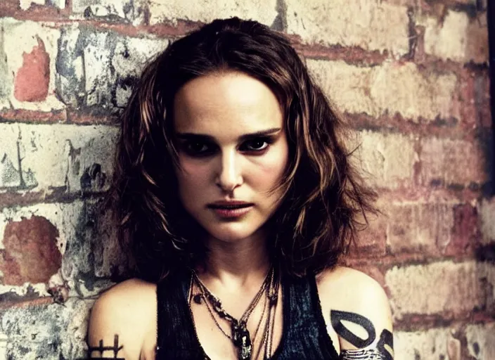 Image similar to promotional image of natalie portman as a british punk rocker in the 80s, rugged black clothes, dyed short hair, tatoos, detailed face, movie still frame, promotional image, imax 70 mm footage