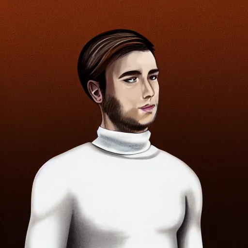 Image similar to guy with brown hair looking back, narrow chin, thin face in a white shirt, black turtleneck, digital art, 8 k, character, realism, portrait