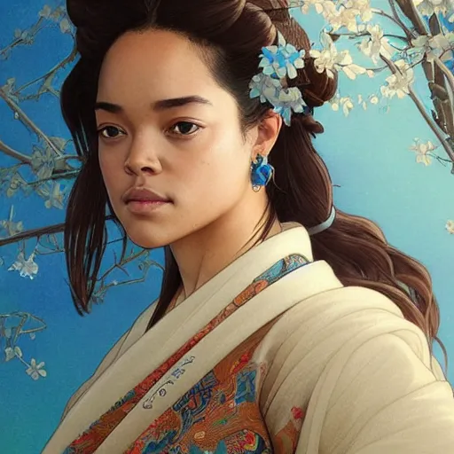 Image similar to full figure ultra realistic illustration, tessa thompson wearing a maiden blue kimono, brown flowy hair, edo japan, intricate, elegant, highly detailed, digital painting, artstation, concept art, smooth, sharp focus, illustration, art by artgerm and greg rutkowski and alphonse mucha