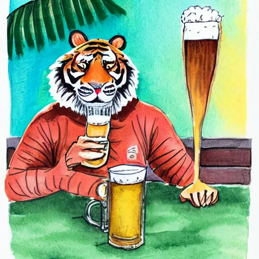 Image similar to a tiger wearing a hawaii shirt drinking a beer at an outdoor bar in stockholm, children\'s book watercolor drawing