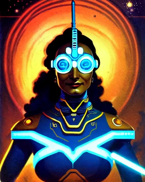 Image similar to symmetra from overwatch, character portrait, portrait, close up, concept art, intricate details, highly detailed, vintage sci - fi poster, retro future, in the style of chris foss, rodger dean, moebius, michael whelan, and gustave dore