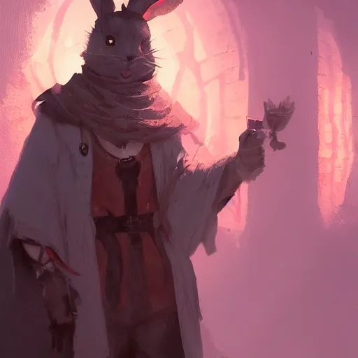 Image similar to high resolution art of a anthropomorphic bunny rabbit sorcerer cultist, greg rutkowski