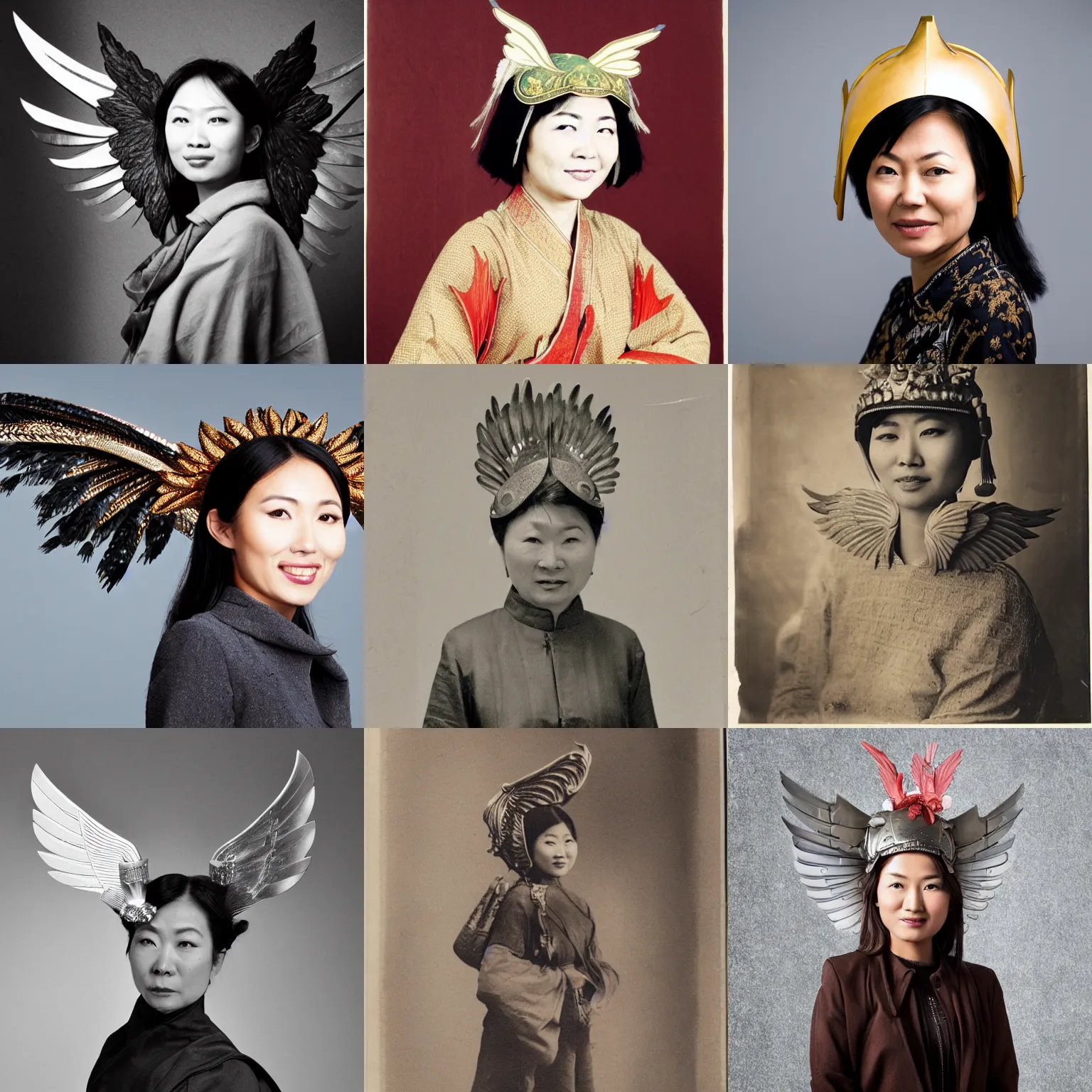 Prompt: Asian woman wearing a winged helmet.