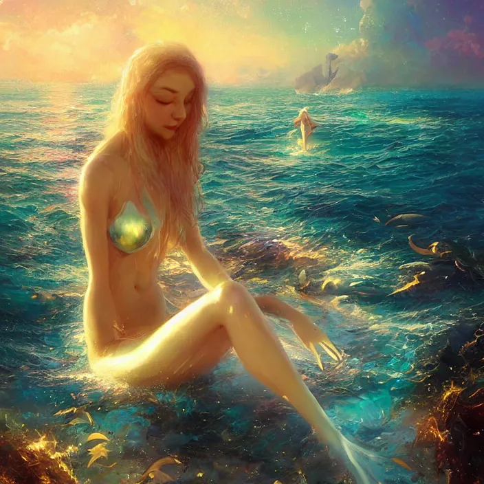 Image similar to glimmering mermaid relaxing beach, dolphins, golden hour, god rays, coral reef, dreamscape by artgerm and ruan jia and ismail inceoglu and greg olsen, cosmos, milky way galaxy, masterpiece, beautiful, intricate, elegant, highly detailed