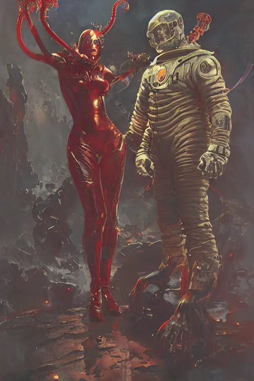 Image similar to iron fisted lovecraftian demon standing beside elegant lady wearing a latex spacesuit, by norman rockwell, jack kirby, jon berkey, earle bergey, craig mullins, ruan jia, jeremy mann, tom lovell, marvel, astounding stories, 5 0 s pulp illustration, scifi, fantasy, artstation creature concept