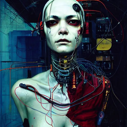 Image similar to shannyn sossamon as a cyberpunk hacker, wires cybernetic implants, in the style of adrian ghenie, esao andrews, jenny saville, surrealism, dark art by james jean, takato yamamoto