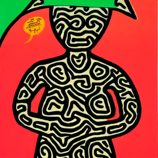 Image similar to a black woman, pregnant, by keith harring, intricate details, colorful